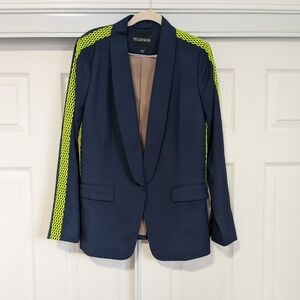 Wildfang Empower Colorblock Blazer L Blue w/ Neon Green/Yellow Stripe Detail